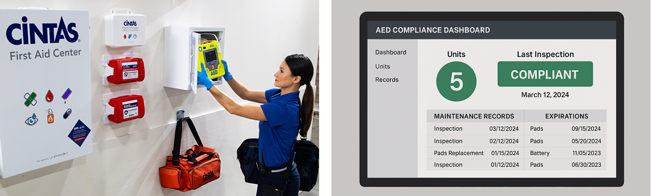 Cintas worker making sure AED is compliant