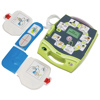 The Cintas Zoll AED Plus is shown opened and ready for use.